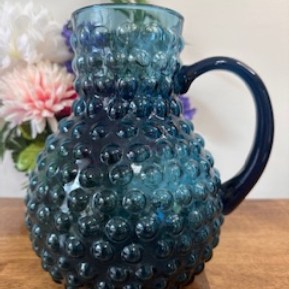 Vintage Hobnail Blue Glass Pitcher Hand Blown Cobalt Mid Century Decor
